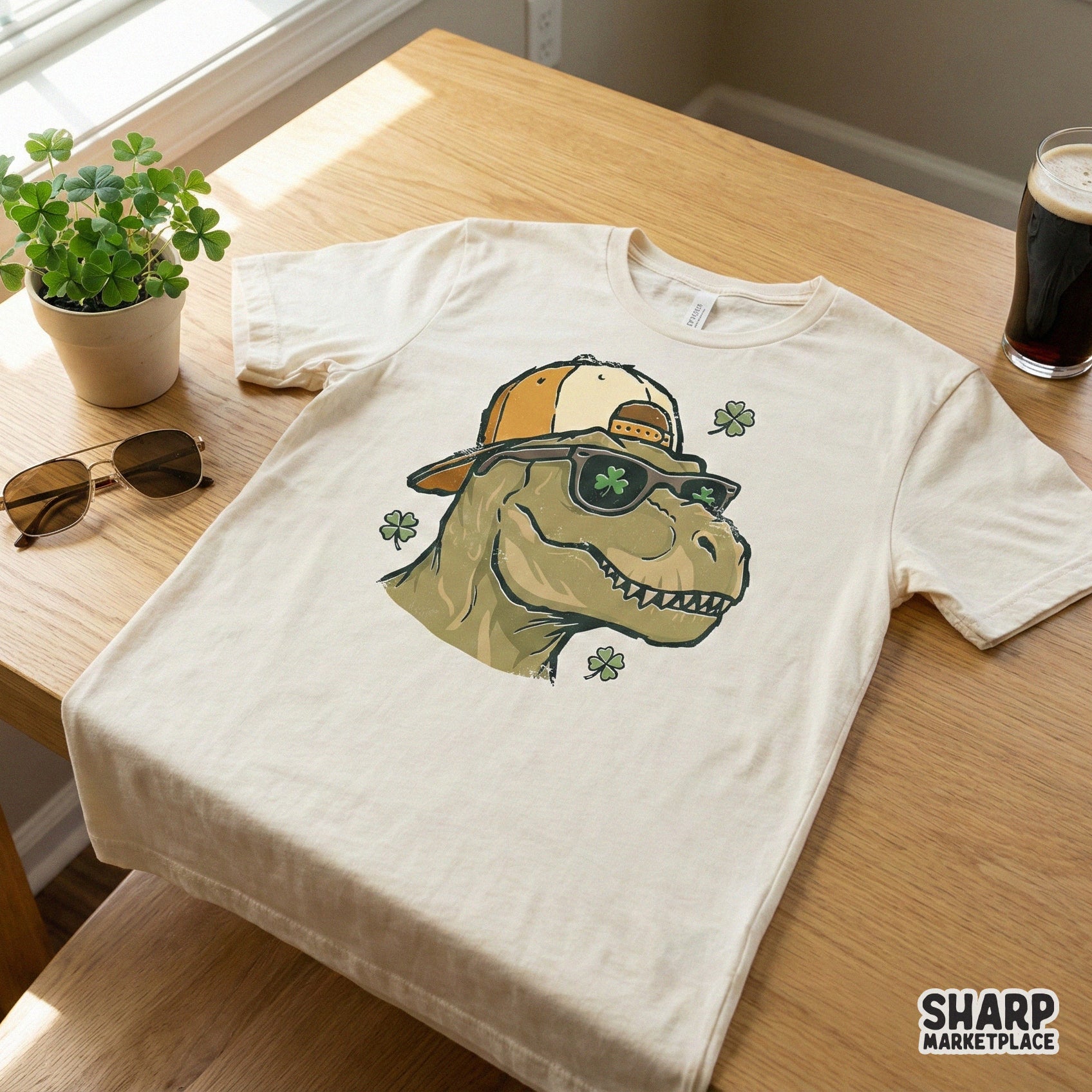 Funny T-Rex Dinosaur St Patrick Shirt, Shamrock Clover Party Tee - 300