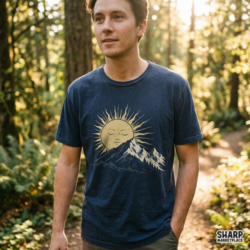 Vintage sleeping sun over mountain peaks and pine trees retro nature graphic for camping shirts and apparel