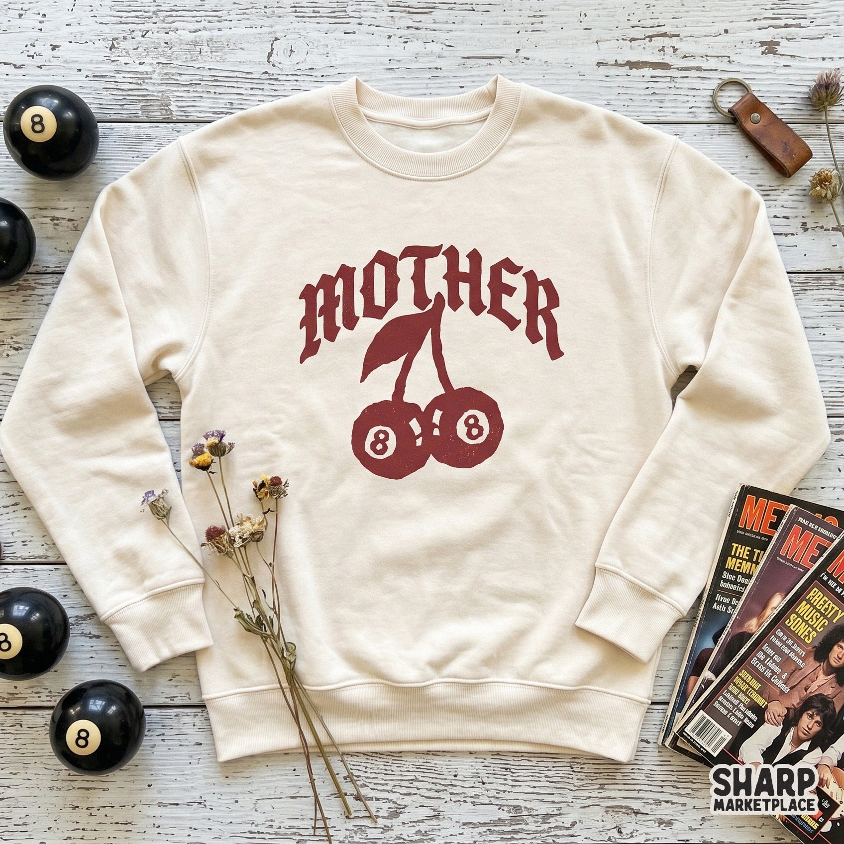 Retro tattoo style cherry eight ball graphic for a trendy Y2K mama shirt sublimation design
