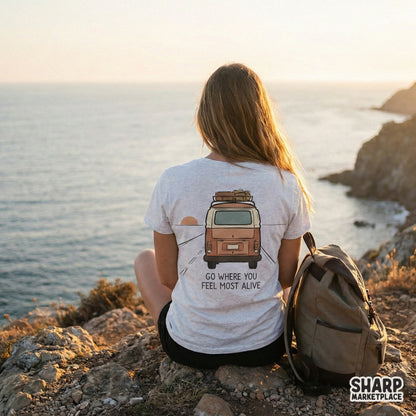 Hand-drawn vintage camper van graphic with sunset background and wanderlust-inspired quote for DIY travel apparel and home decor projects.