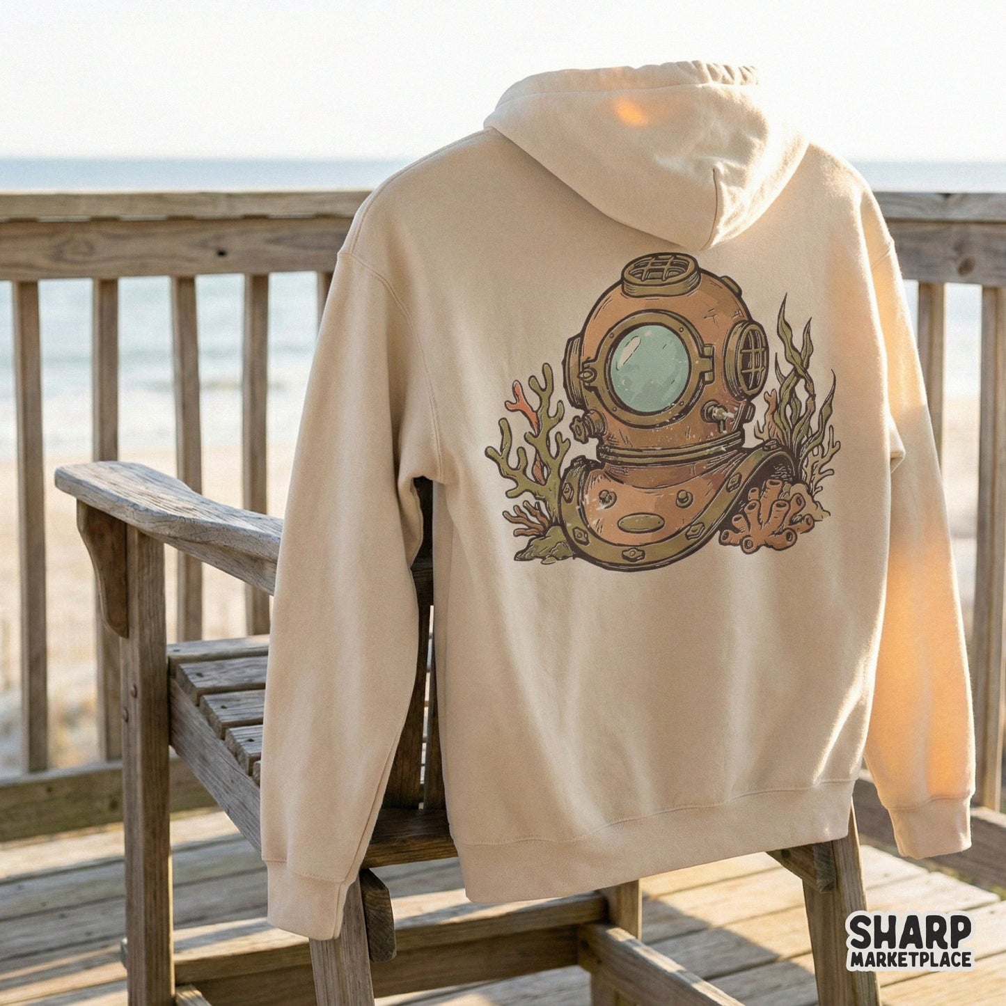 Hand-drawn antique diving helmet digital art with coral and ocean plants, perfect for nautical wall art, stickers, or ocean-themed apparel designs.