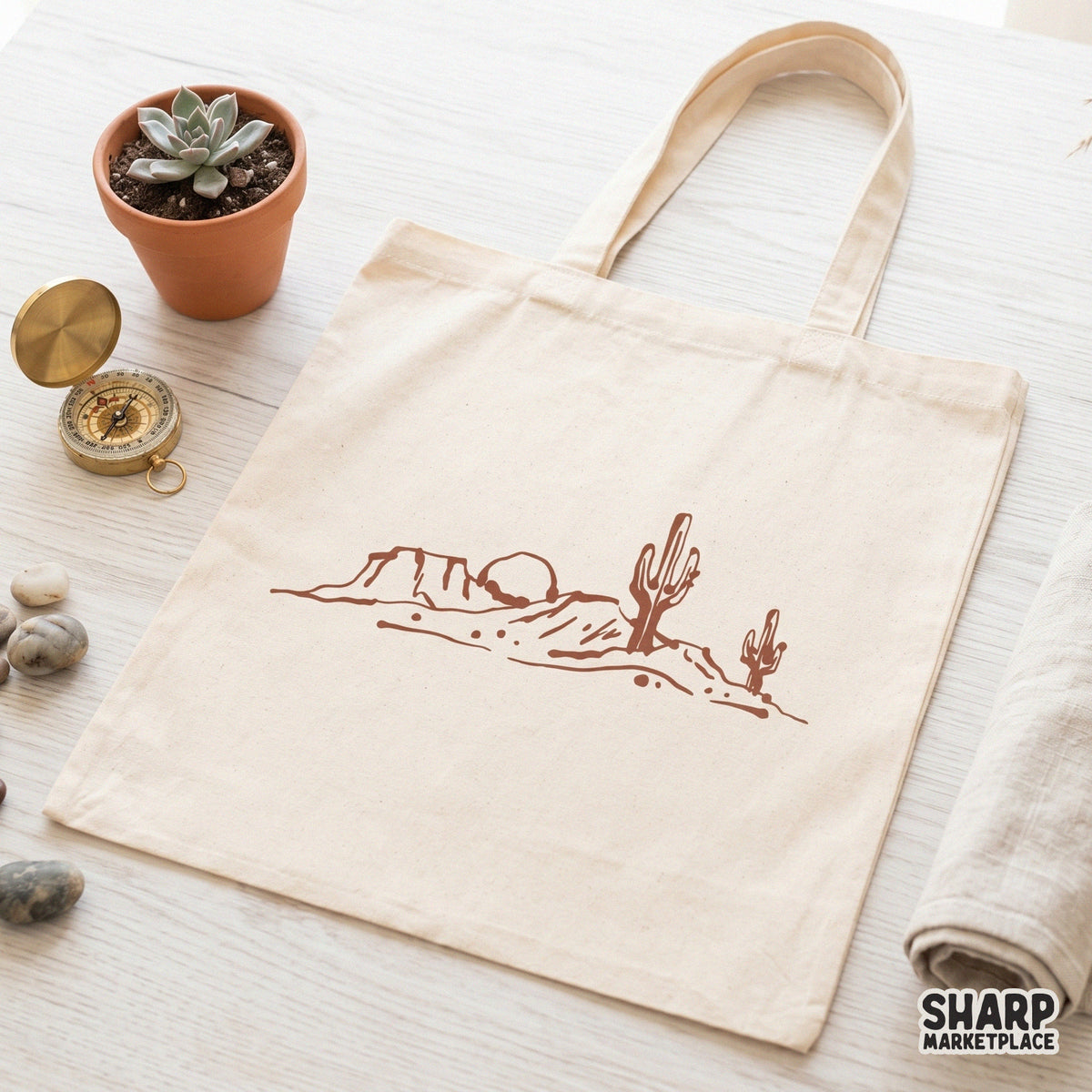 Southwest inspired desert line art PNG with a clean silhouette of mesas and saguaro cacti, perfect for custom t-shirt prints and apparel design.