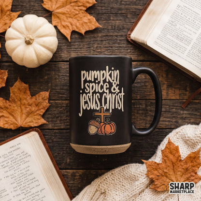Pumpkin Spice and Jesus Christ fall Christian graphic PNG design ideal for autumn faith t-shirts and sublimation prints