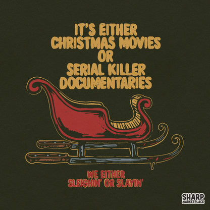 Funny true crime and Christmas movies PNG design for dark humor holiday shirt sublimation