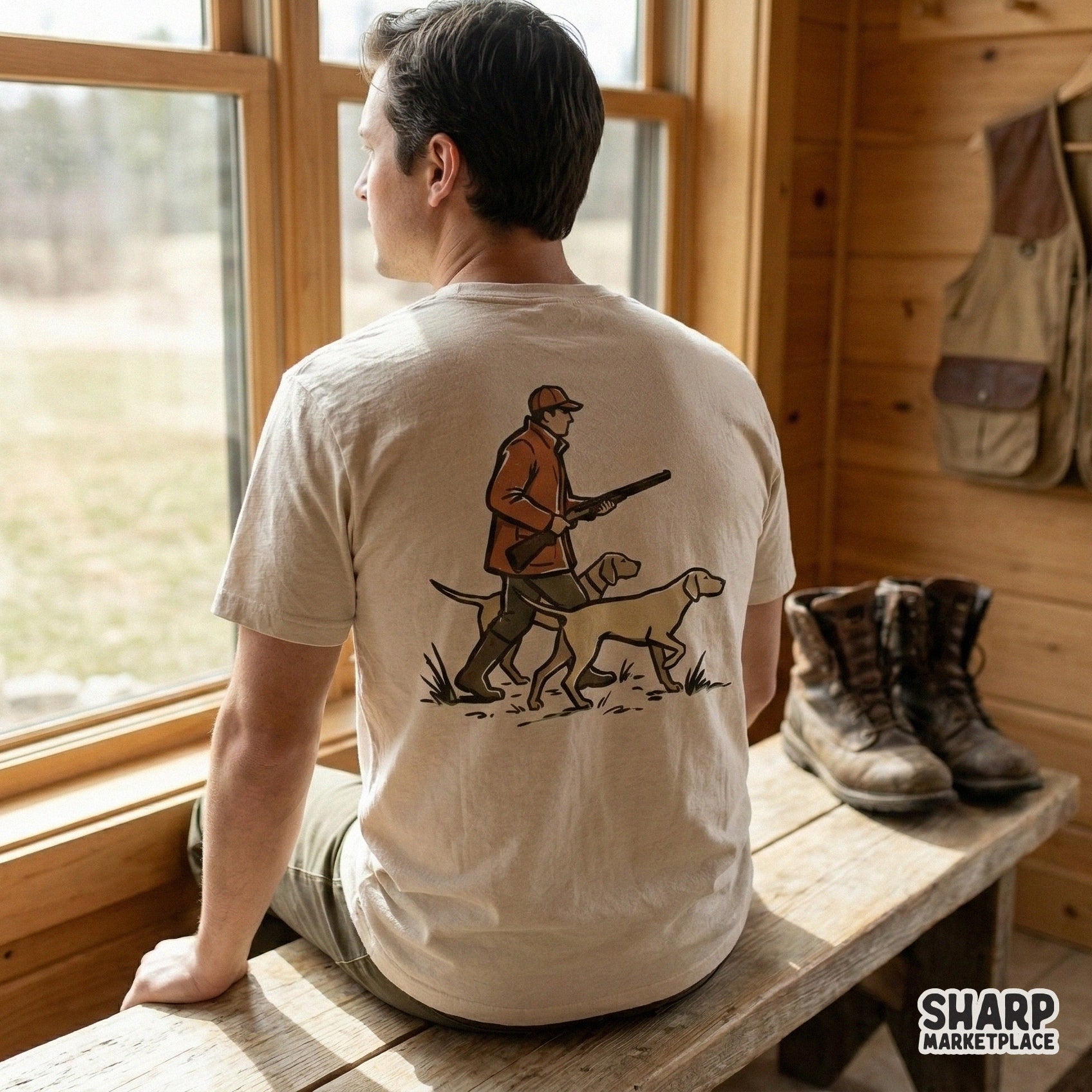 Retro outdoor hunting graphic featuring a man with a shotgun and two loyal bird dogs, ideal for custom t-shirts, stickers, and wall art prints.