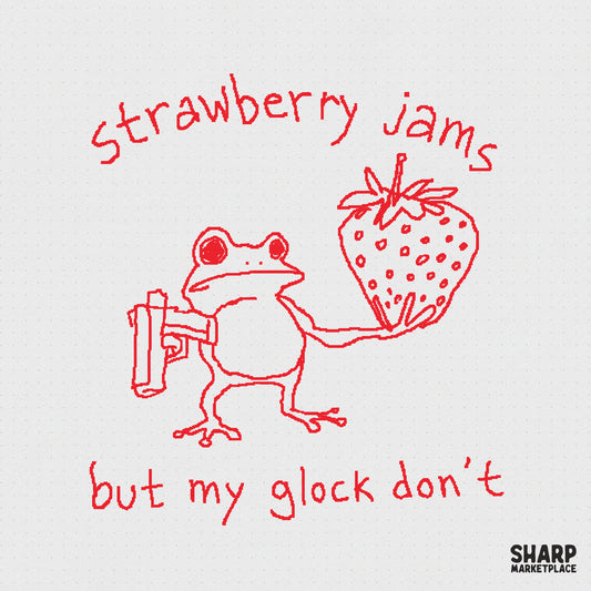 Hand-drawn red doodle of a frog holding a strawberry and a firearm with the text Strawberry Jams But My Glock Don’t for sublimation printing.