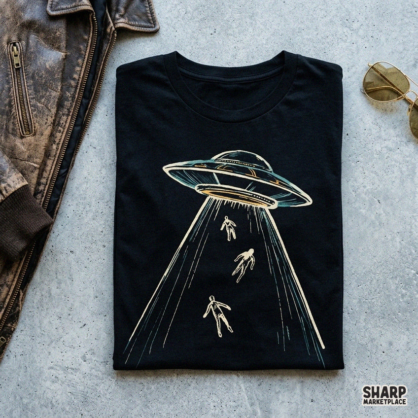 Vintage sci-fi UFO alien abduction graphic design for Halloween shirts, spooky apparel, and print on demand PNG downloads