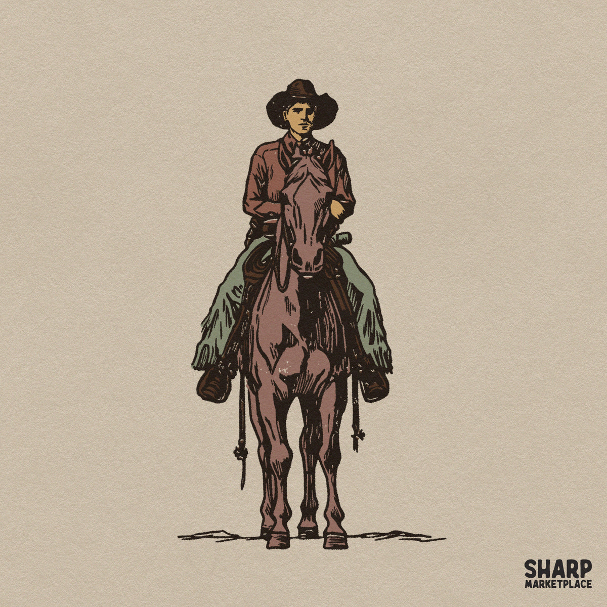 Hand drawn vintage western cowboy riding a horse PNG graphic art for country music t-shirts and retro apparel