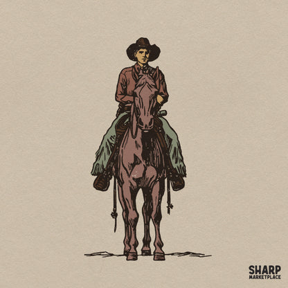 Hand drawn vintage western cowboy riding a horse PNG graphic art for country music t-shirts and retro apparel