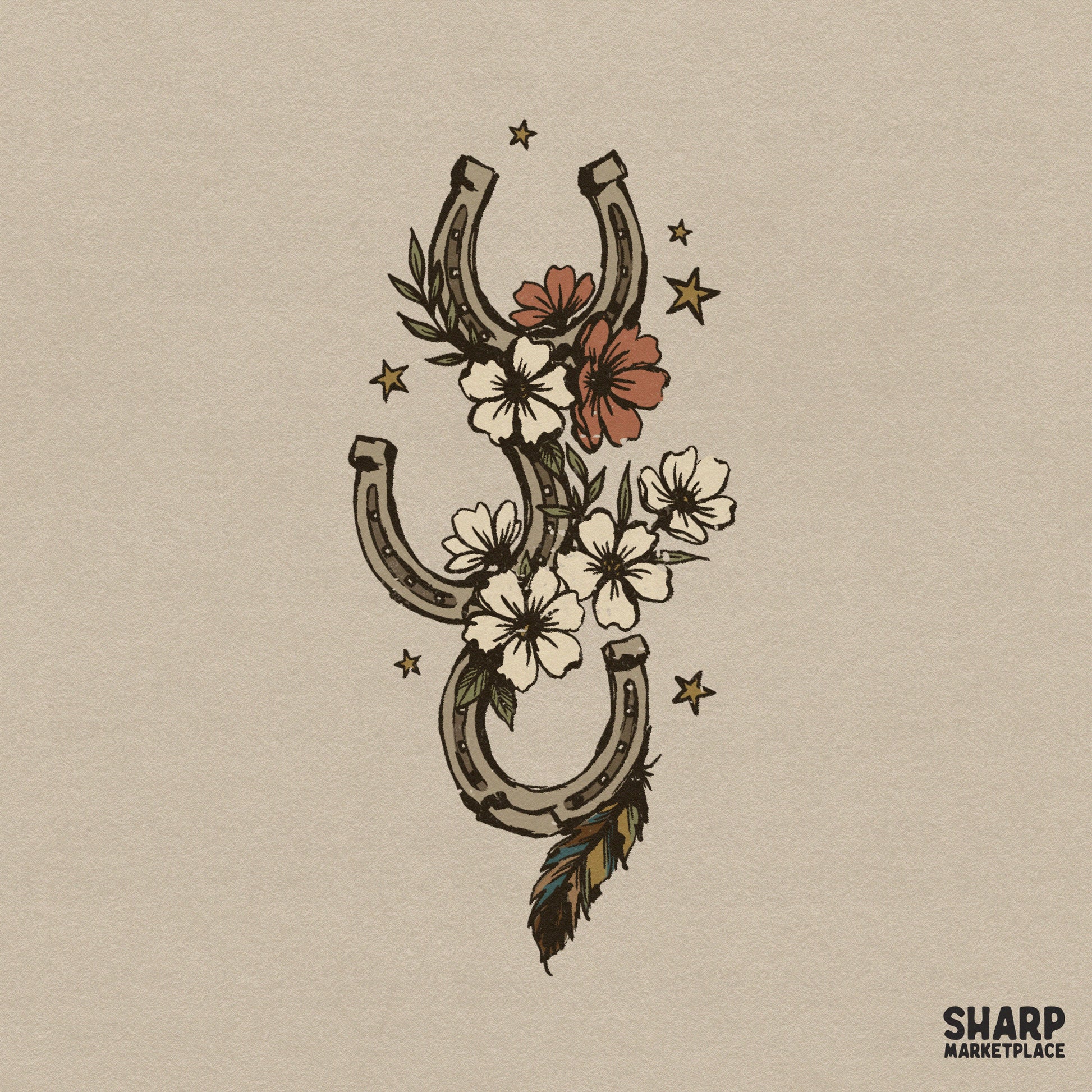 Western horseshoe illustration with wildflower charms, a feather trail, and stars in a rustic, vintage cowgirl style for sublimation and apparel.