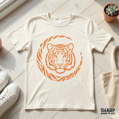 Minimalist orange tiger face line art inside a circular striped frame, ideal for creating custom apparel, tumblers, and nature-themed wall art.