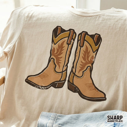 Mirrored pair of rustic western boots with intricate stitch detailing and flame patterns, a high-quality PNG for custom ranch-style clothing.