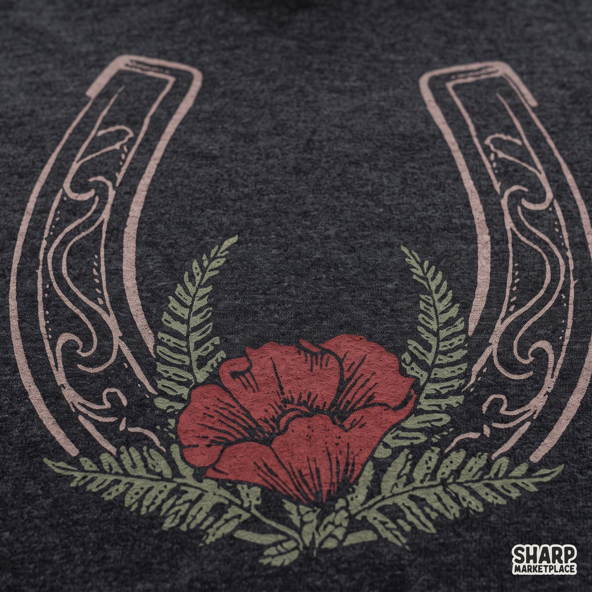 Vintage western horseshoe with red poppy flower and ferns for cowgirl t-shirt sublimation