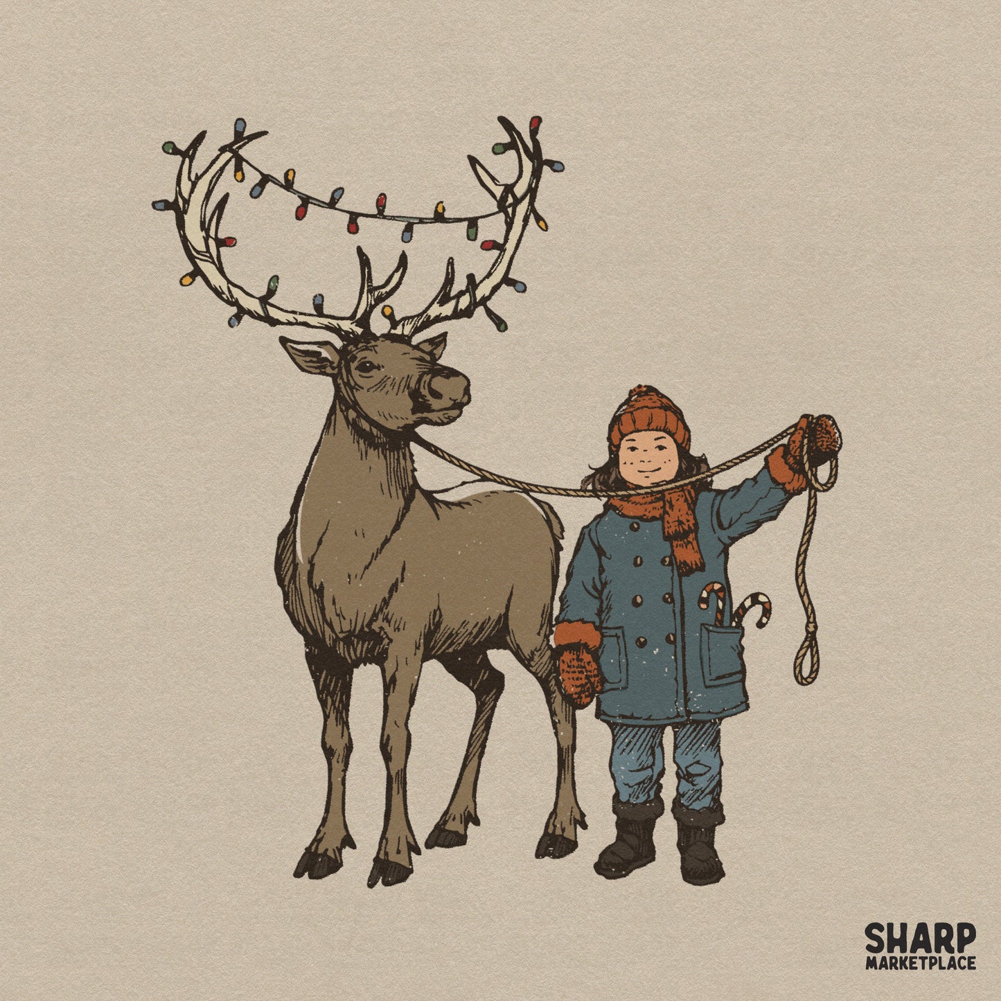 Vintage retro kid and reindeer Christmas PNG with holiday lights for cozy season shirt sublimation and holiday decor