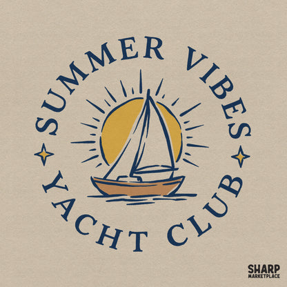 Vintage Summer Vibes Yacht Club sailboat design for retro nautical beach apparel and trendy ocean breeze sublimation shirts