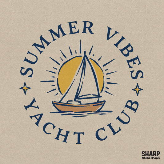 Vintage Summer Vibes Yacht Club sailboat design for retro nautical beach apparel and trendy ocean breeze sublimation shirts