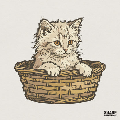 Vintage Kitten in Basket Shirt, Cute Fluffy Cat Illustration Tee for Pet