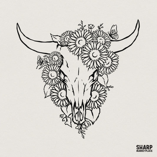 Boho cow skull line art featuring sunflowers and butterflies, perfect for western-themed t-shirt designs, sublimation, or printable DIY crafts.