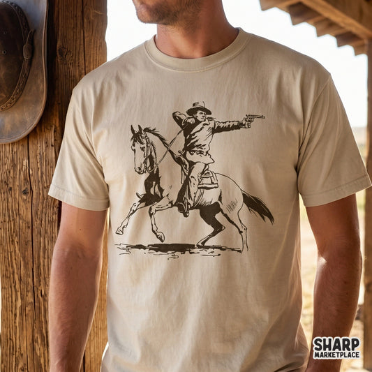 Detailed monochromatic western design of a cowboy riding a horse while shooting, displayed as a print on a beige t-shirt for apparel customization.
