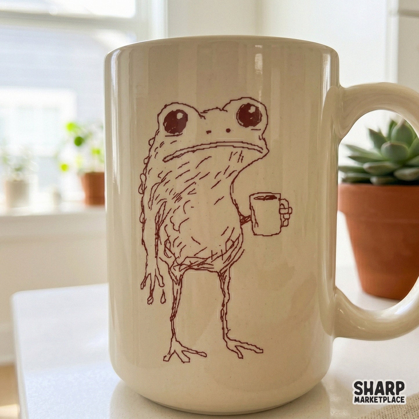 Sleepy Red Frog Holding Coffee Cup, Hand Drawn PNG Art - 300 DPI Design