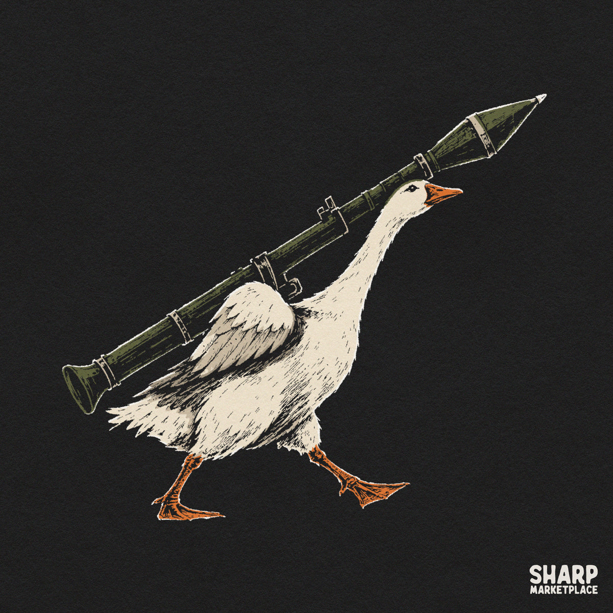 Funny sarcastic white goose walking with a rocket launcher digital PNG design for t-shirt sublimation and animal memes