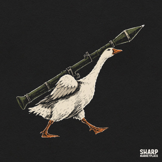 Funny sarcastic white goose walking with a rocket launcher digital PNG design for t-shirt sublimation and animal memes