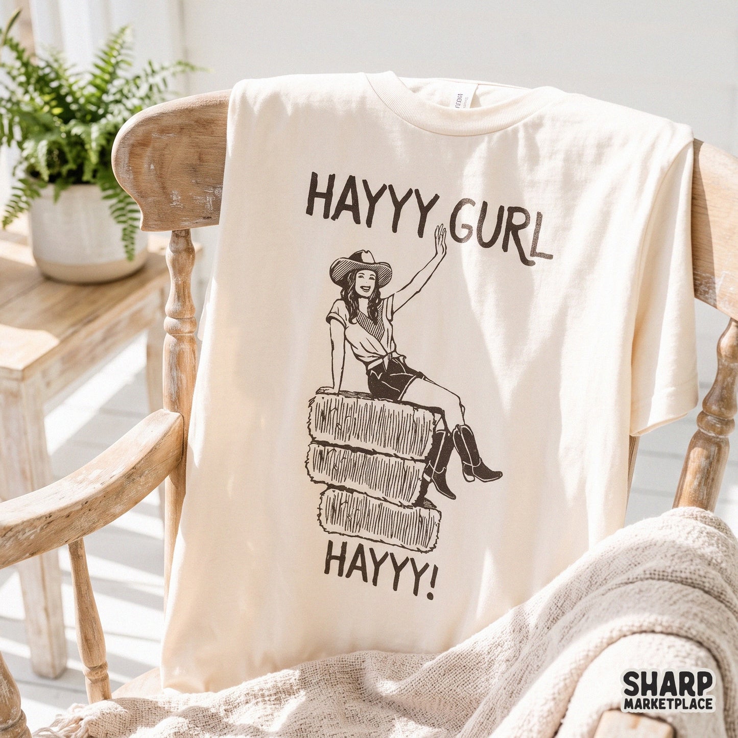 Vintage western cowgirl sitting on hay bales retro rodeo design for country shirts and southern sublimation crafts