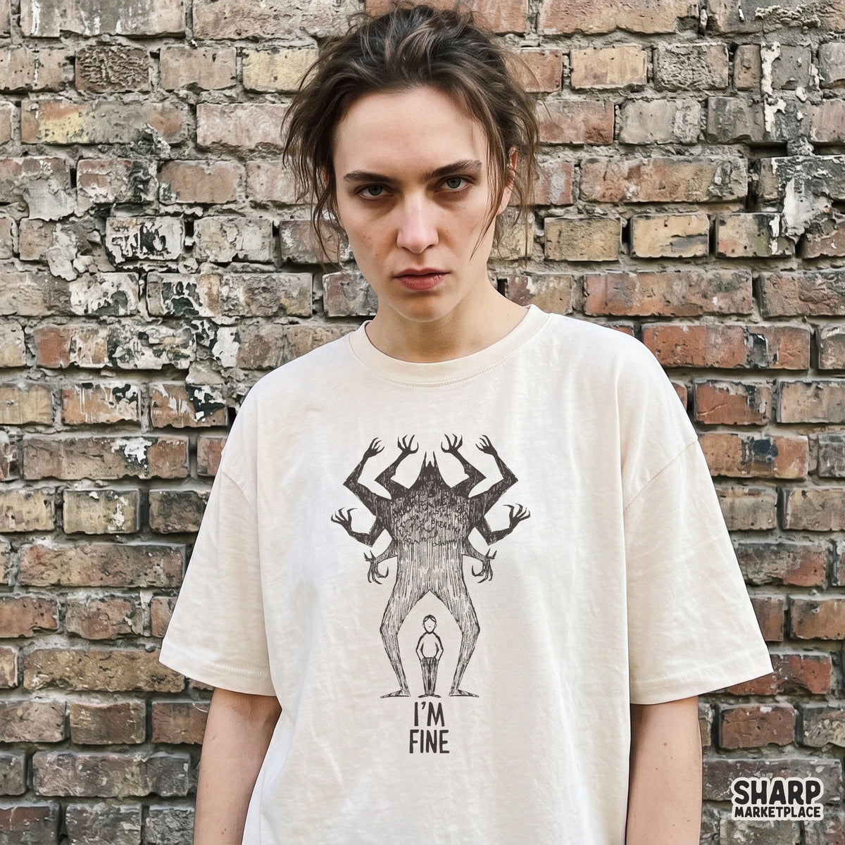 I'm Fine Anxiety Monster Shadow Sketch, Trendy PNG Shirt
