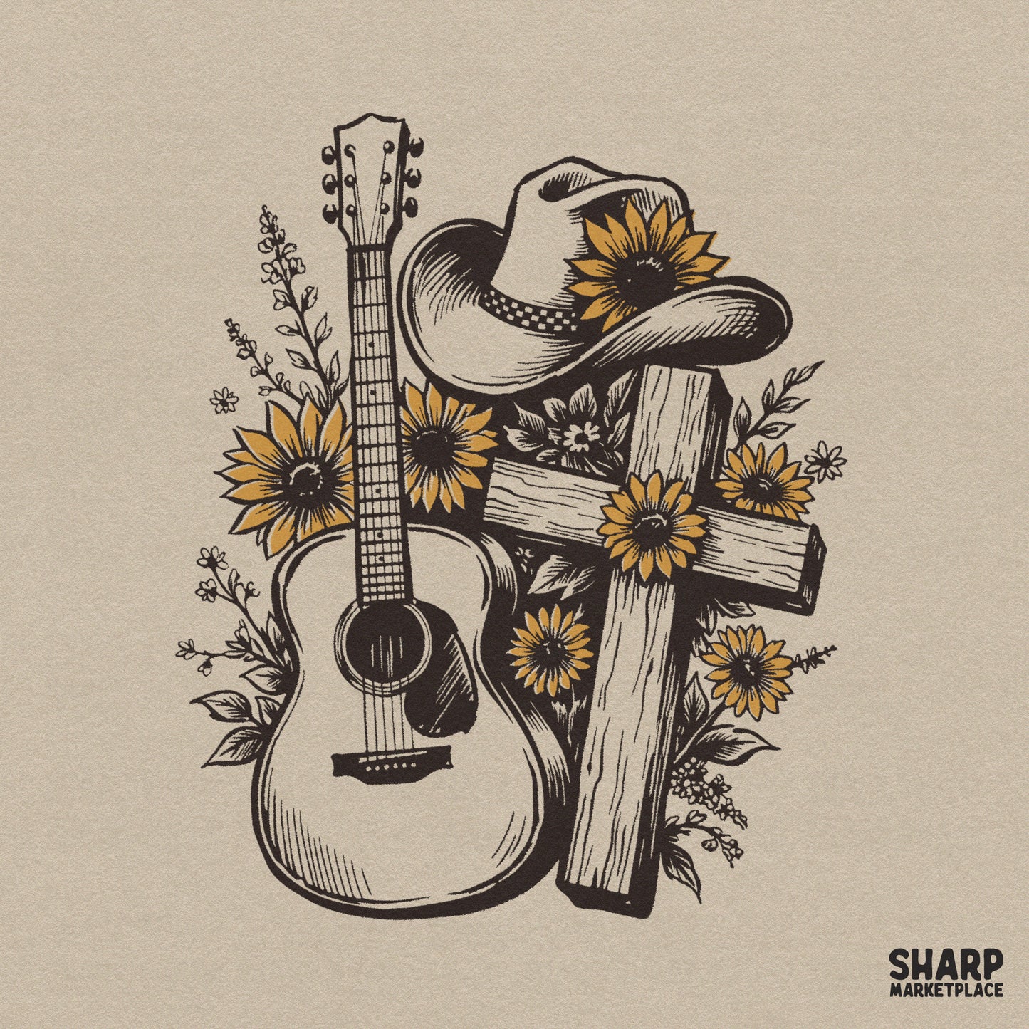 Hand drawn acoustic guitar with a wooden cross, sunflower, and cowboy hat for country music shirt sublimation design