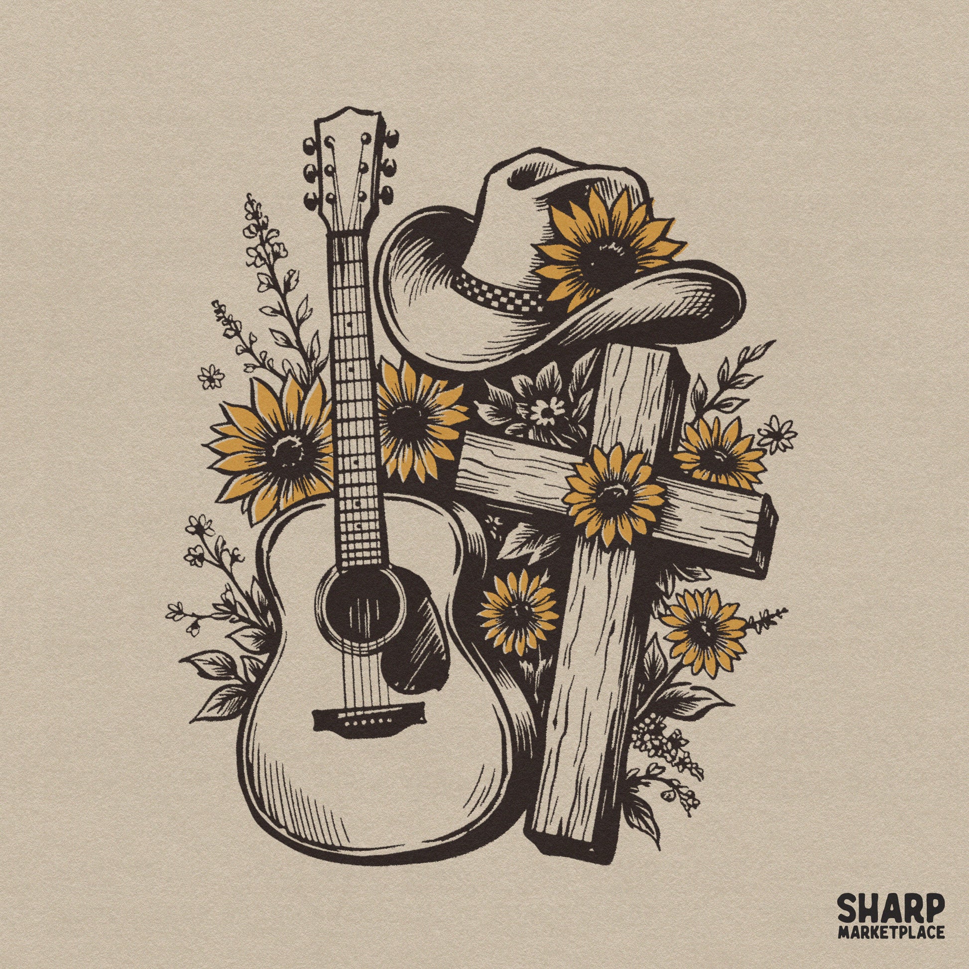 Hand drawn acoustic guitar with a wooden cross, sunflower, and cowboy hat for country music shirt sublimation design