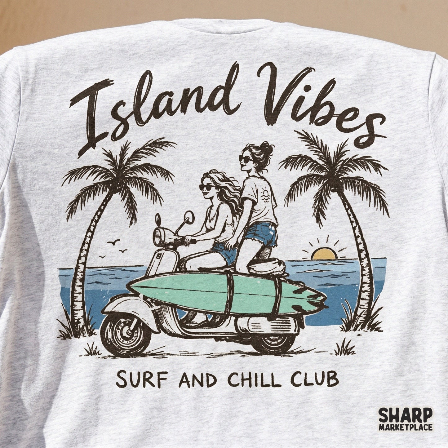 Vintage style beach graphic with Island Vibes text, ideal for creating summer vacation shirts, stickers, and DIY coastal themed gifts.