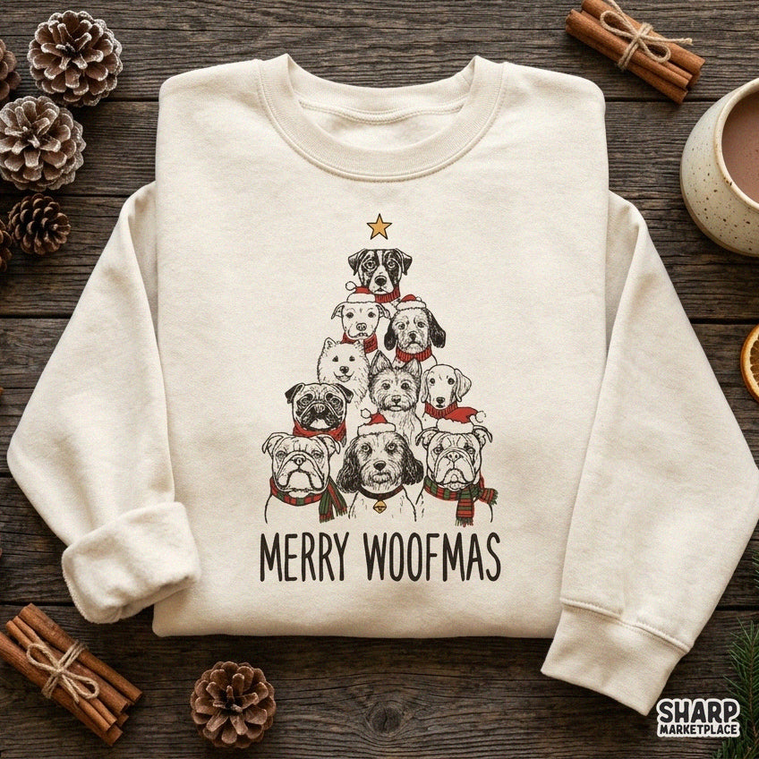 Merry Woofmas PNG sublimation design featuring a funny Christmas tree graphic for dog lovers and holiday t-shirts