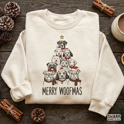 Merry Woofmas PNG sublimation design featuring a funny Christmas tree graphic for dog lovers and holiday t-shirts