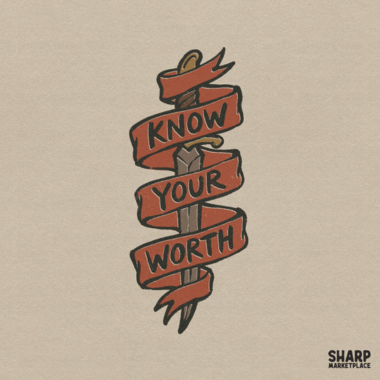 American traditional tattoo style design featuring a dagger wrapped in a red ribbon with the motivational text Know Your Worth in bold lettering.