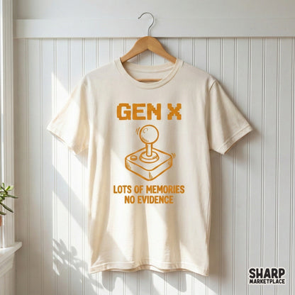 Vintage-inspired gamer design featuring a joystick and the quote Lots Of Memories No Evidence, ideal for custom t-shirts and retro gifts.