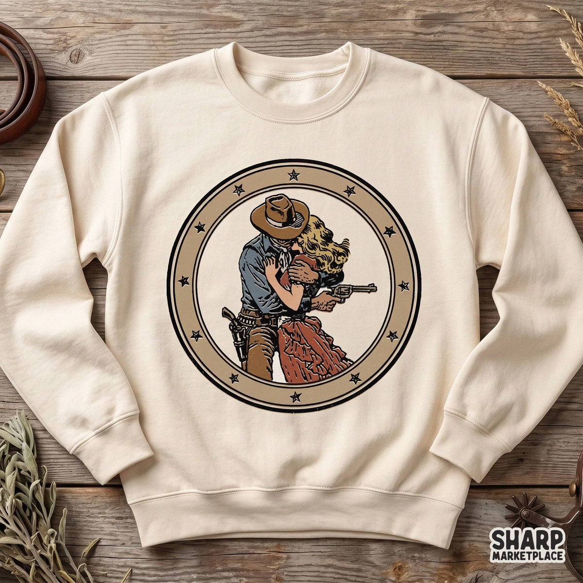 Vintage cowboy and cowgirl kissing retro western romance aesthetic PNG design for shirts and POD printing