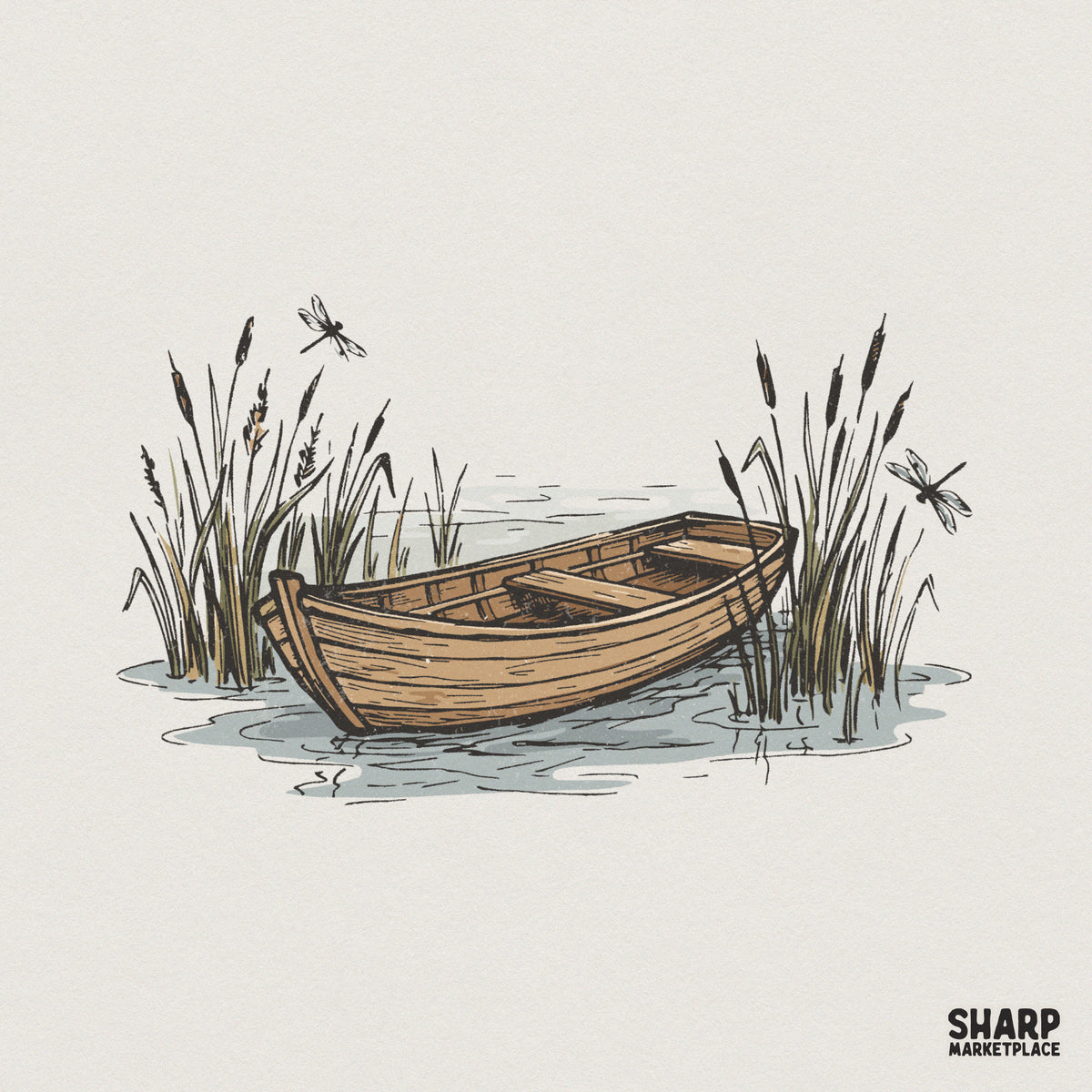 Vintage hand-drawn rowboat illustration with cattails and dragonflies in a muted earthy color palette for nature-themed apparel and wall art.