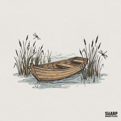 Vintage hand-drawn rowboat illustration with cattails and dragonflies in a muted earthy color palette for nature-themed apparel and wall art.