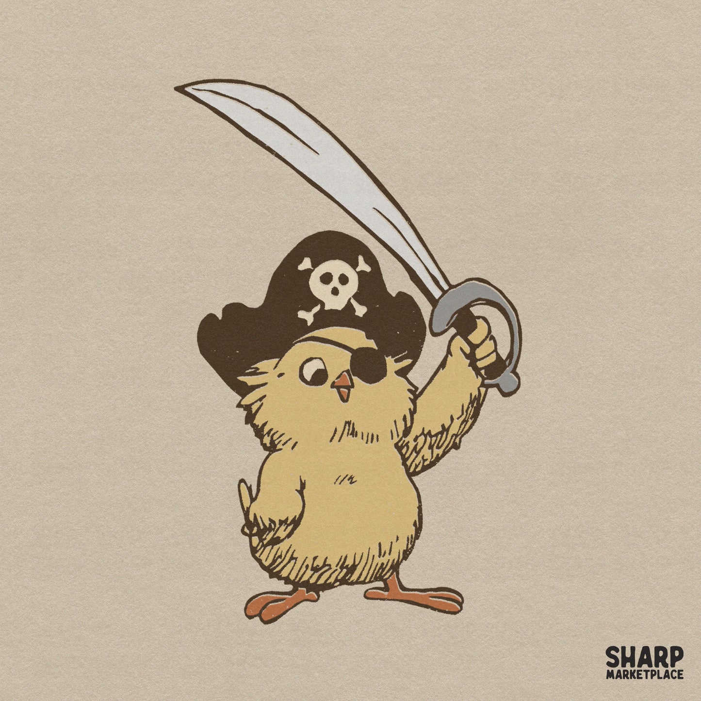 Retro cute pirate baby chick with sword and eye patch illustration for funny kids shirt designs and animal lovers
