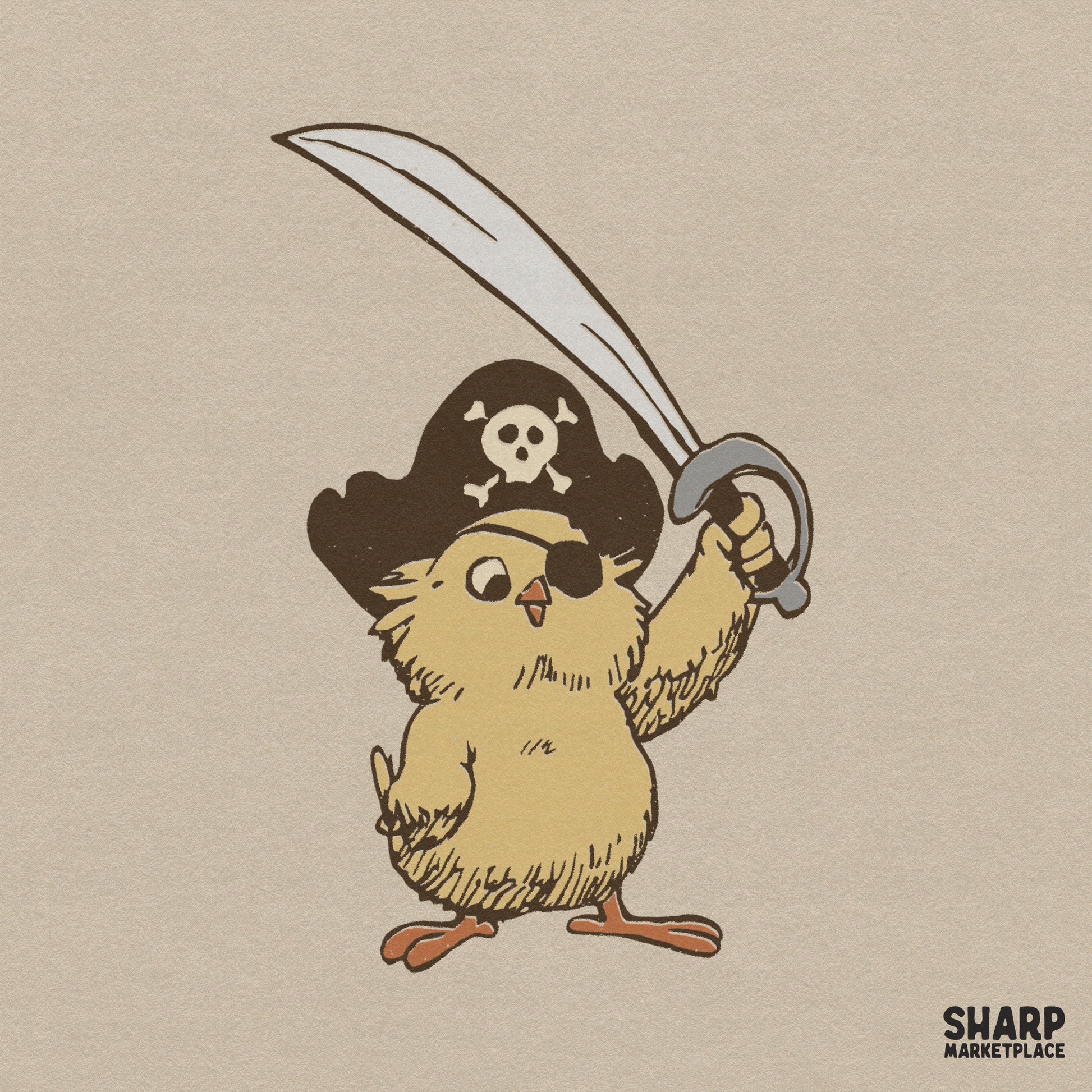 Retro cute pirate baby chick with sword and eye patch illustration for funny kids shirt designs and animal lovers
