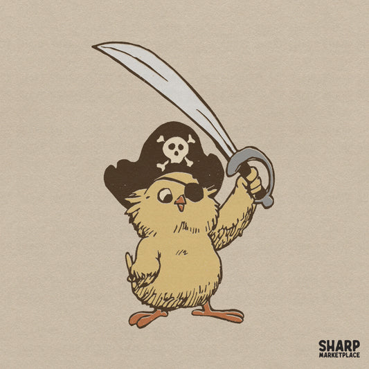 Retro cute pirate baby chick with sword and eye patch illustration for funny kids shirt designs and animal lovers