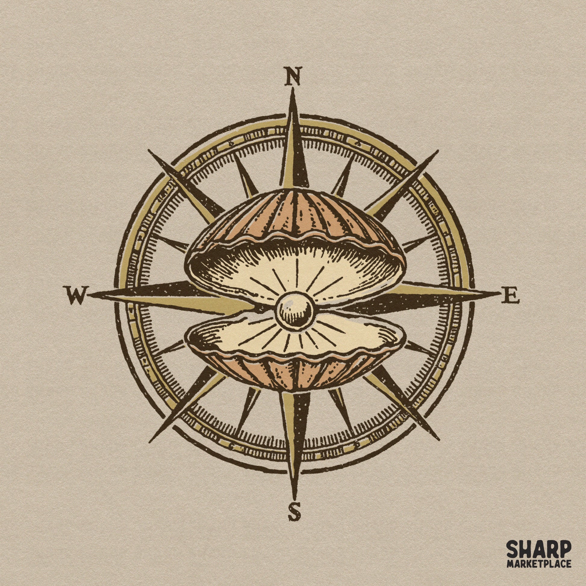 Vintage nautical compass with oyster pearl shell shirt design for sublimation png downloads