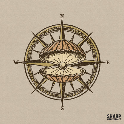 Vintage nautical compass with oyster pearl shell shirt design for sublimation png downloads