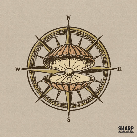 Vintage nautical compass with oyster pearl shell shirt design for sublimation png downloads