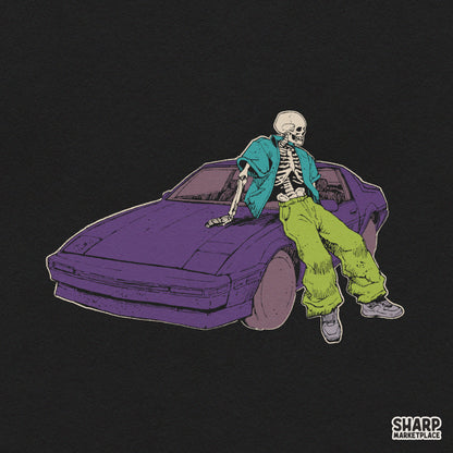 Cool Streetwear Skeleton Leaning On Purple Sports Car