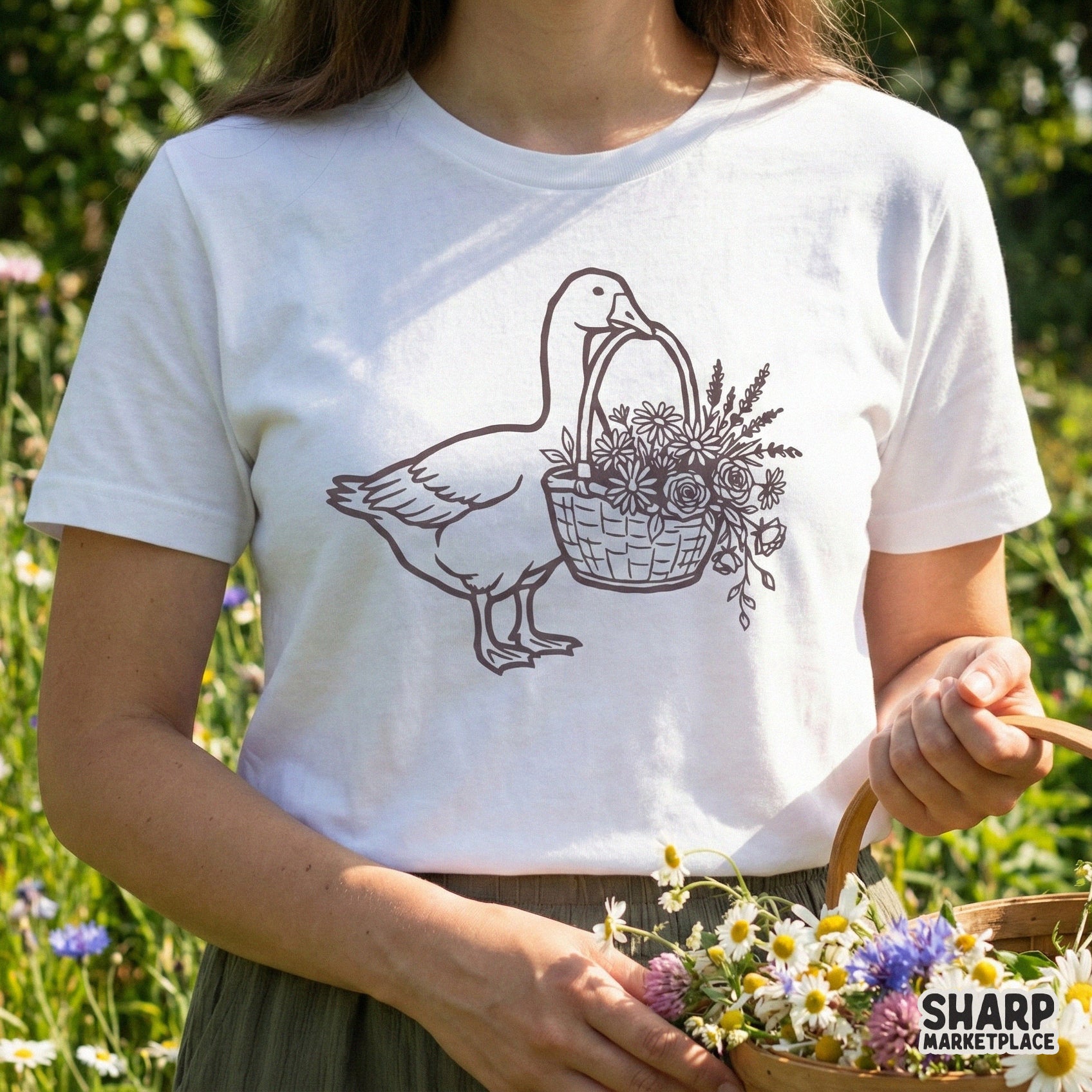 Charming hand-drawn goose with a basket of spring flowers, rendered in a clean vintage style suitable for DIY printing, wall art, and cottagecore crafts.