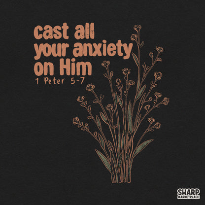 Cast All Your Anxiety On Him 1 Peter 5-7 Bible verse PNG with wildflower botanical art for Christian summer shirts