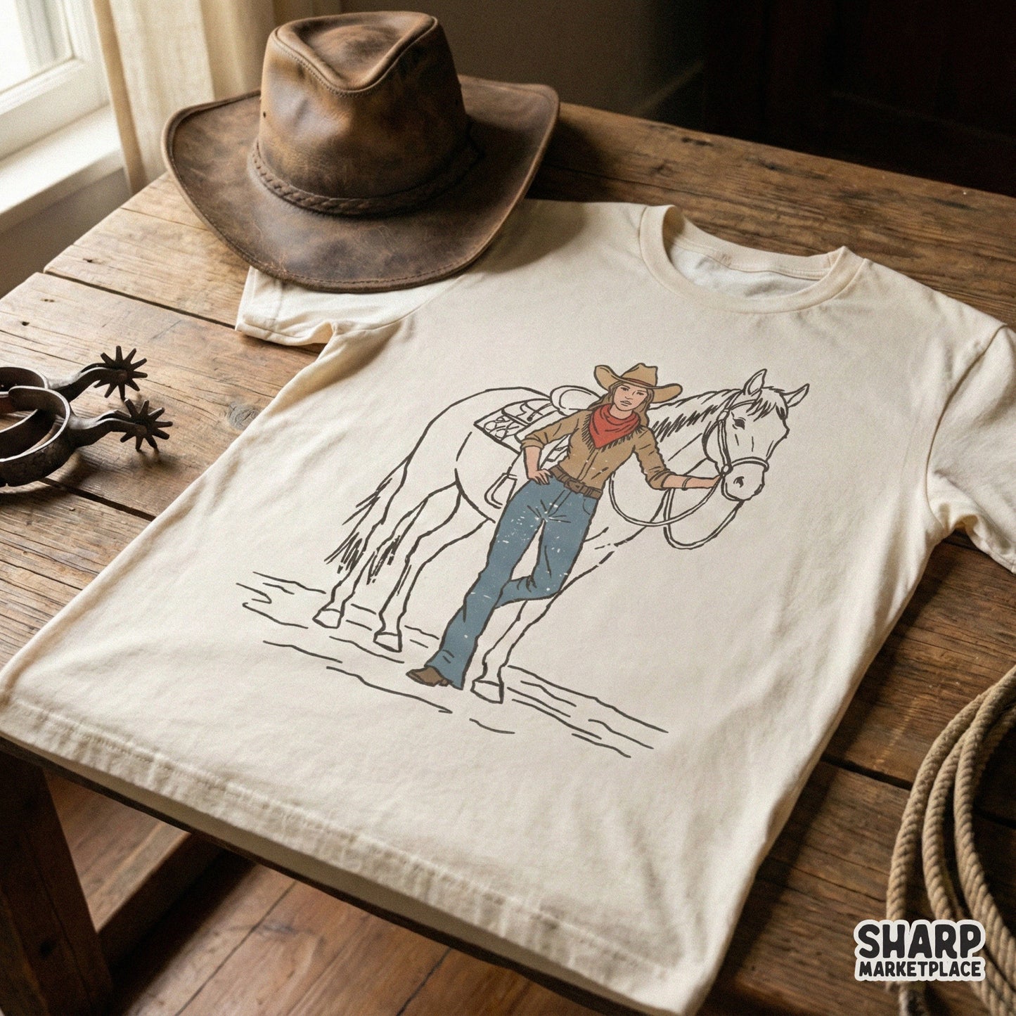Retro style cowgirl and horse graphic printed on a cream t-shirt, showcasing a hand-drawn rustic ranch aesthetic for custom apparel projects.