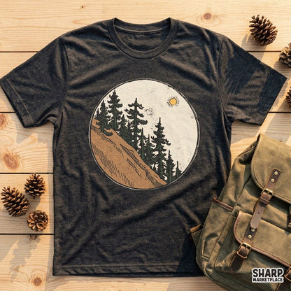 Vintage circle graphic featuring pine trees and a rocky slope, retro camping PNG for t-shirt sublimation