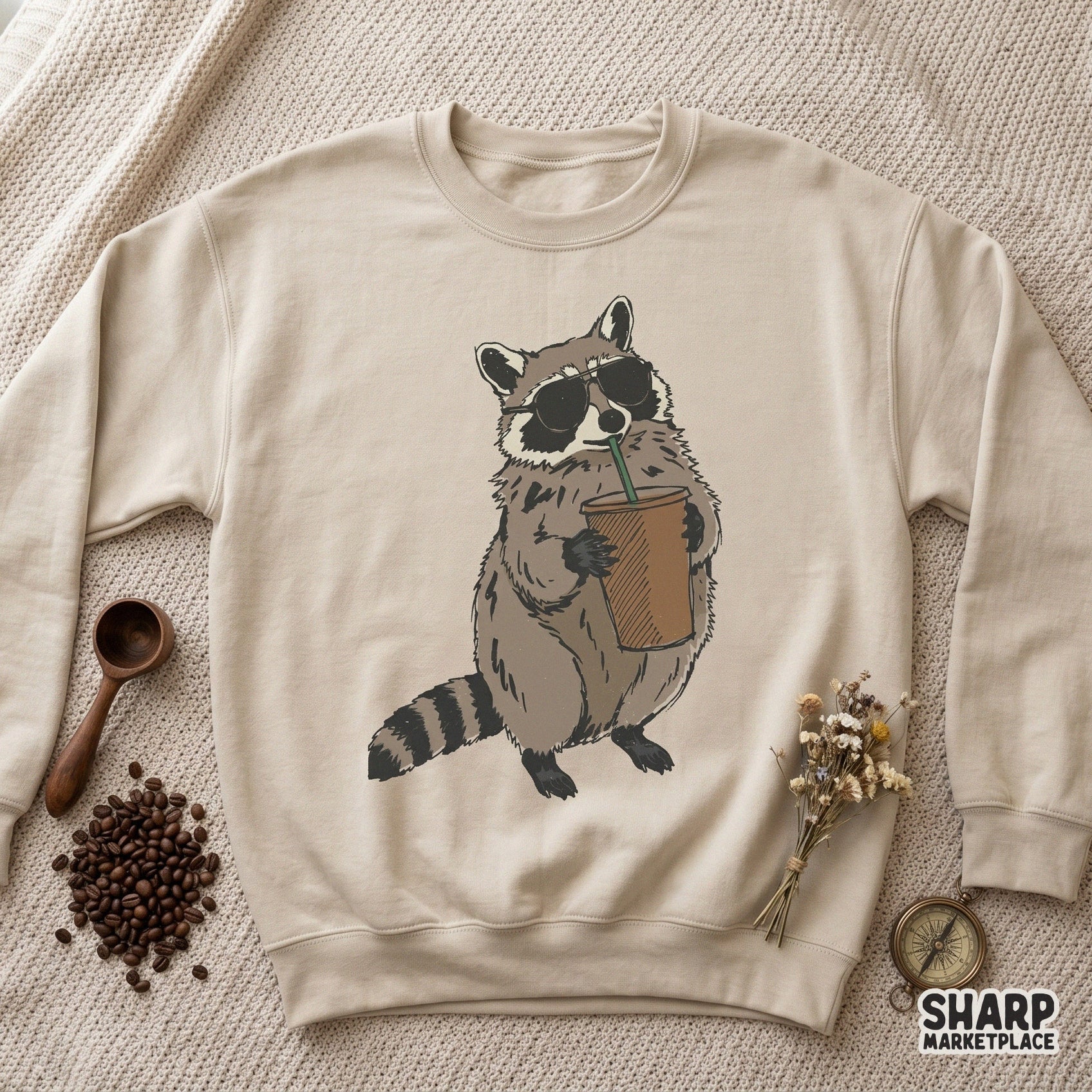 Cool retro Y2K raccoon wearing sunglasses drinking an iced beverage PNG for funny animal meme stickers and sarcastic shirts